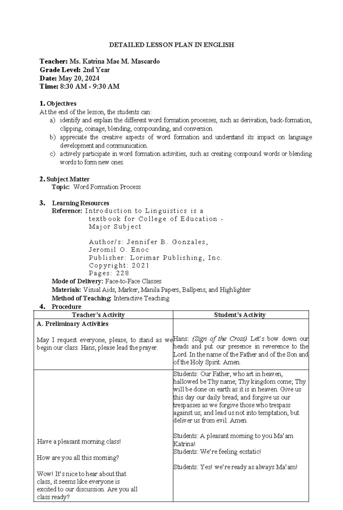 Detailed Lesson Plan on Word Formation Processes - ENG 114 - Studocu