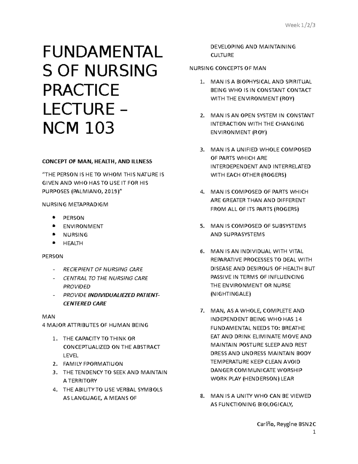Fundamentals of Nursing Practice Lecture - NCM 103 Overview - Studocu