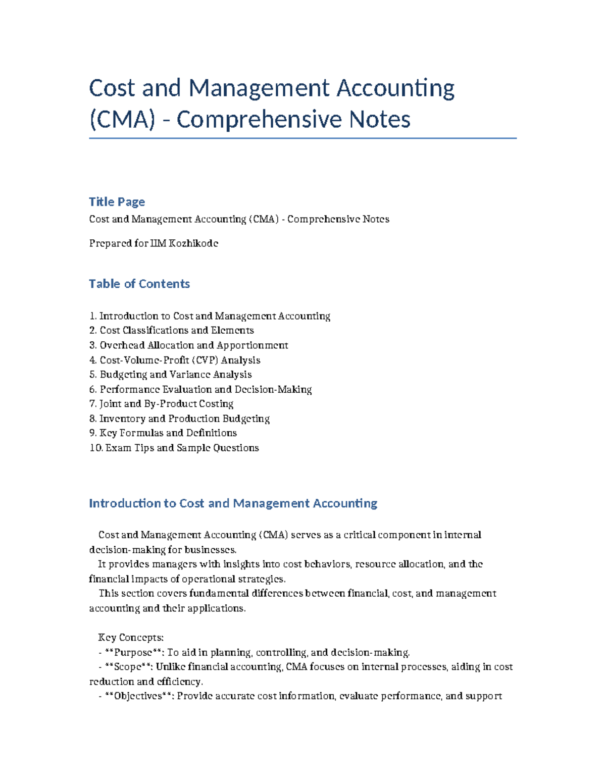 CMA Comprehensive Notes for Cost & Management Accounting - Studocu