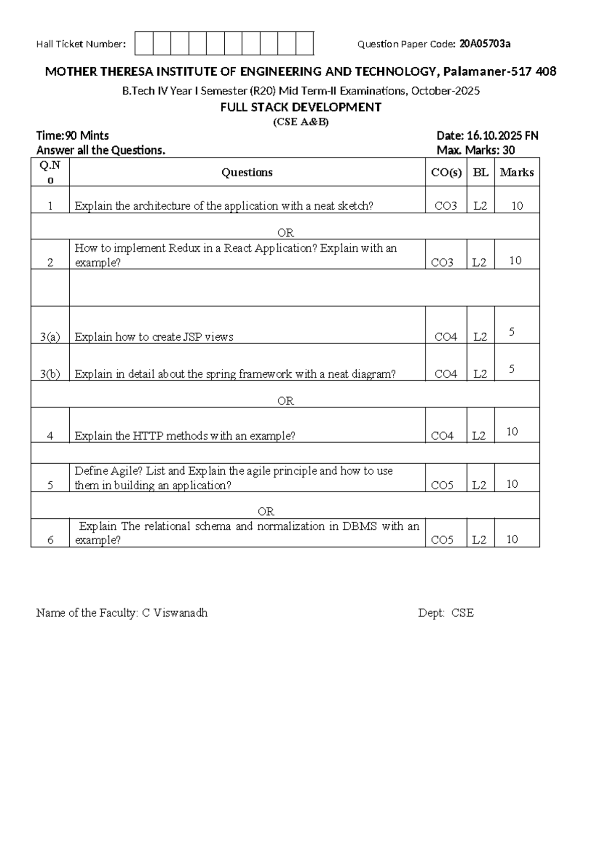 B.Tech IV Year I Sem (R20) Mid Exam: Full Stack Dev QP 20A05703a - Studocu