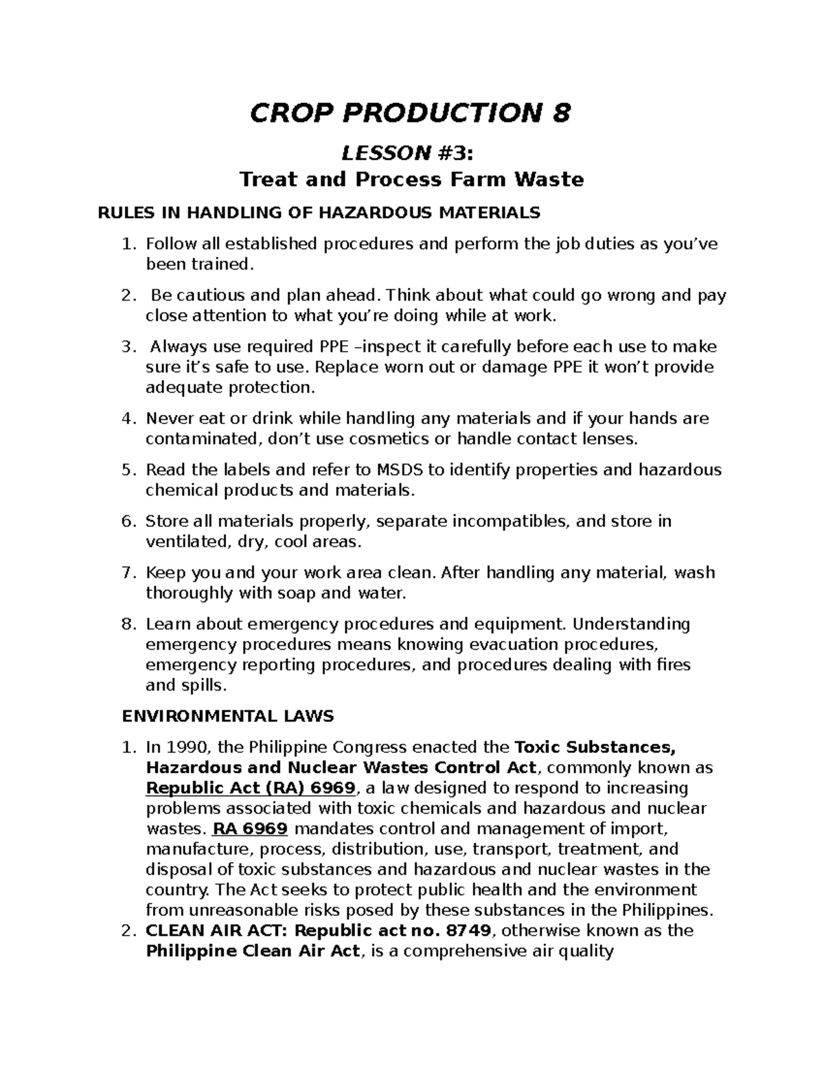 Crop Production 8 - CROP PRODUCTION 8 LESSON #3: Treat and Process Farm ...