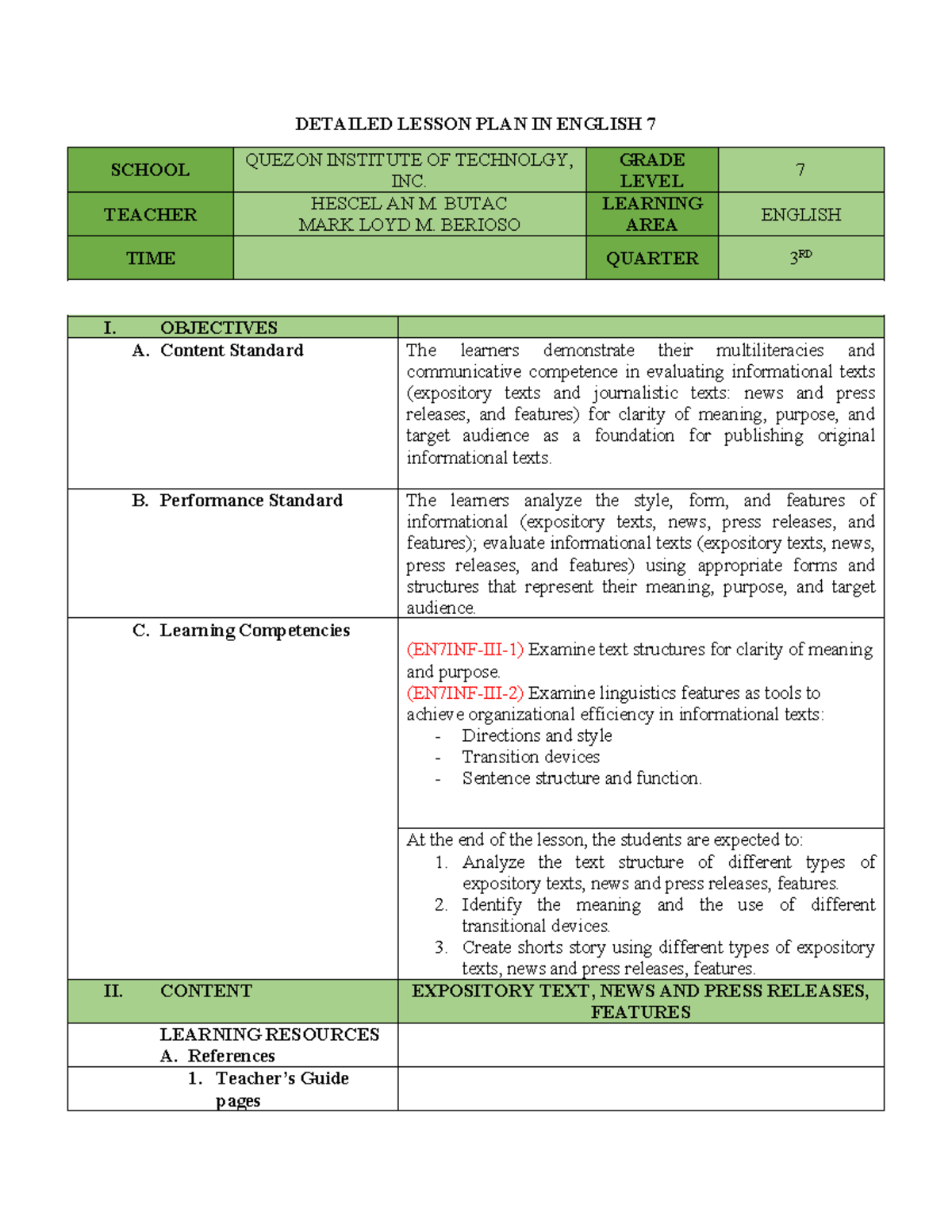 Detailed Lesson Plan: English 7 Expository Texts & Their Features - Studocu