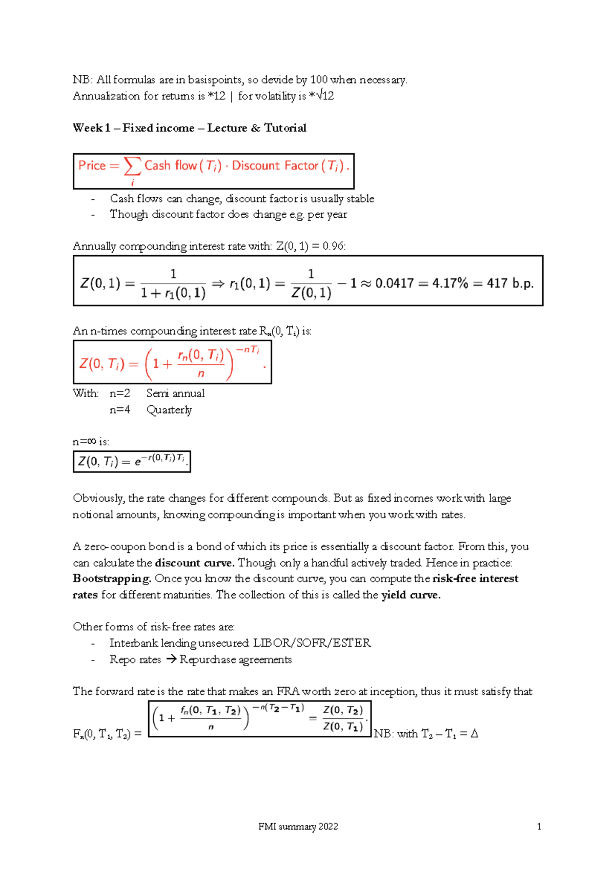 FMI - Fixed Income and Monetary Policy Summary Notes - Studeersnel