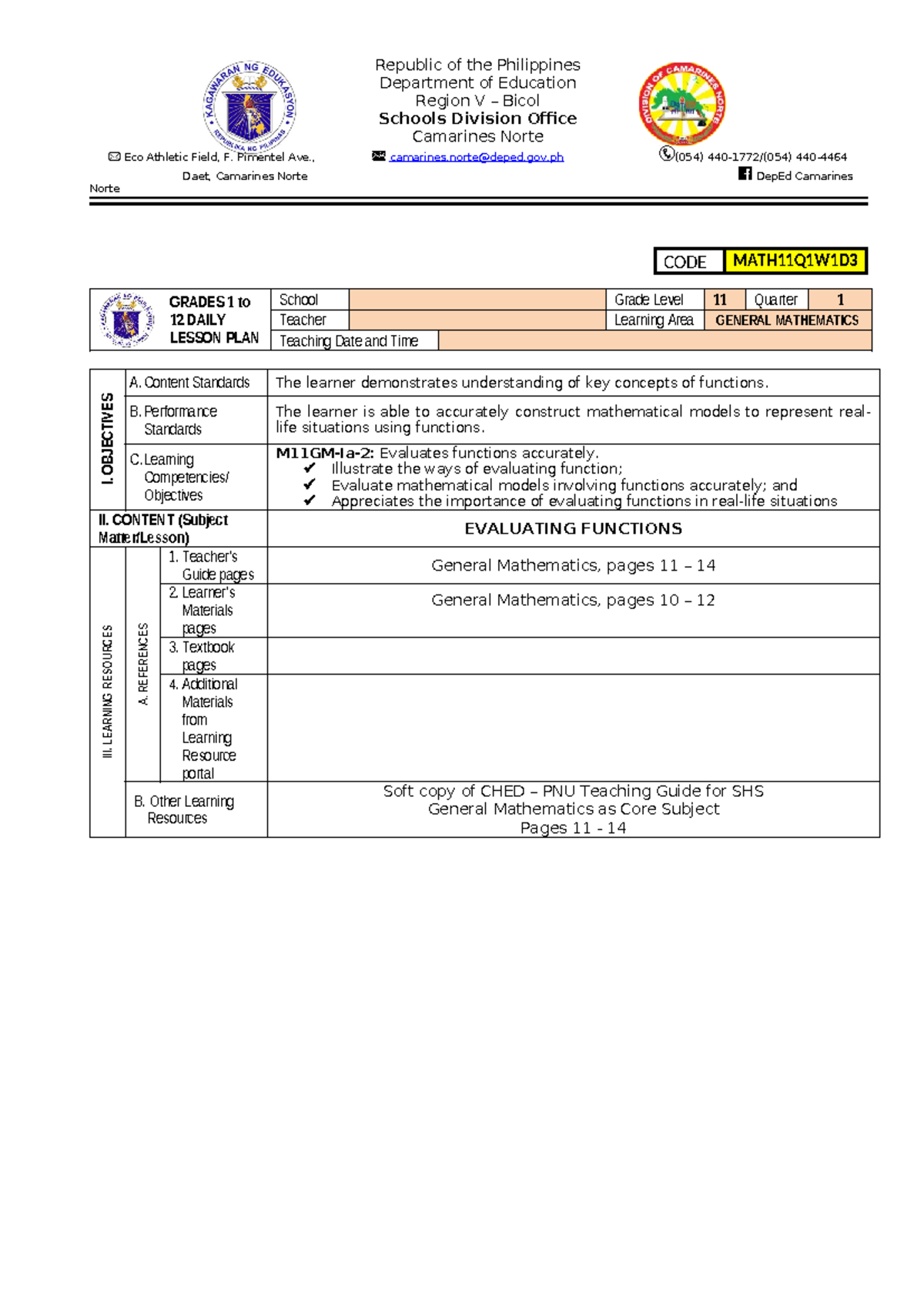 MATH11Q1W1D3: Daily Lesson Plan on Evaluating Functions - Studocu