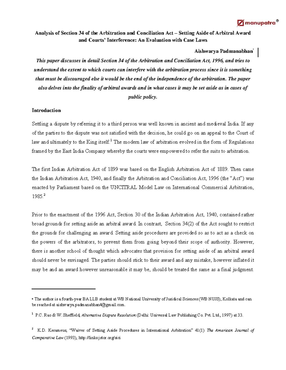Analysis of Section 34 of the Arbitration and Conciliation Act: Case ...