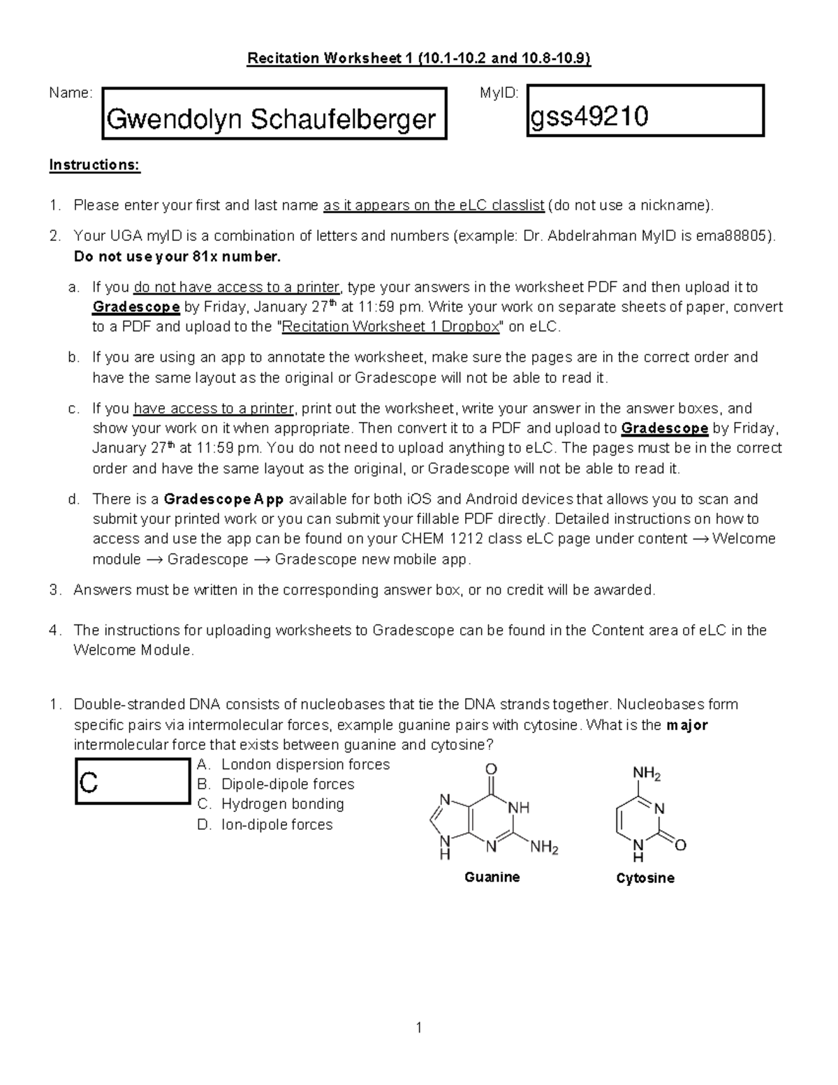 Recitation worksheet 1 - 1-10 and 10.8-10) Name: MyID: Instructions ...