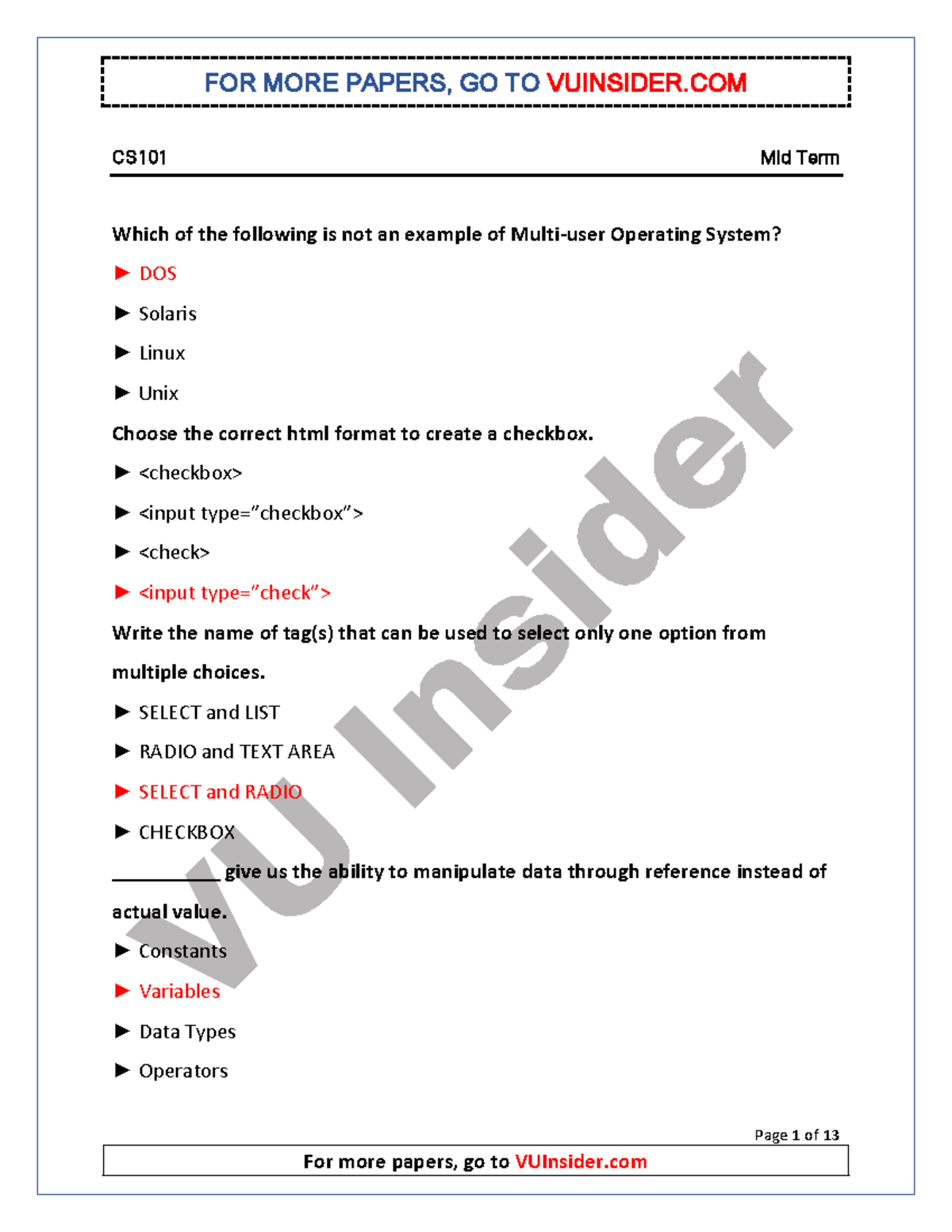 CS101 Mid Term Past Paper Mega File - CS1 01 Mid Term Page 1 of 13 ...