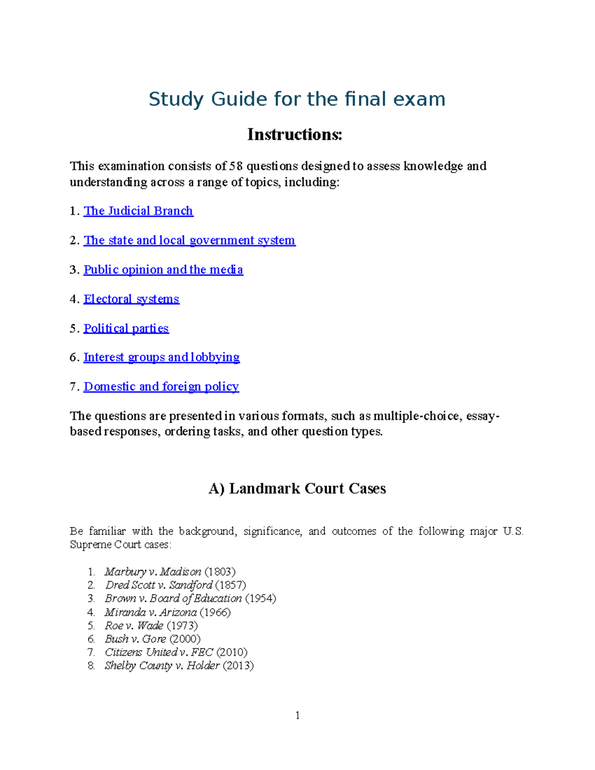 Study Guide for POLS 101 Final Exam: Key Topics & Concepts - Studocu