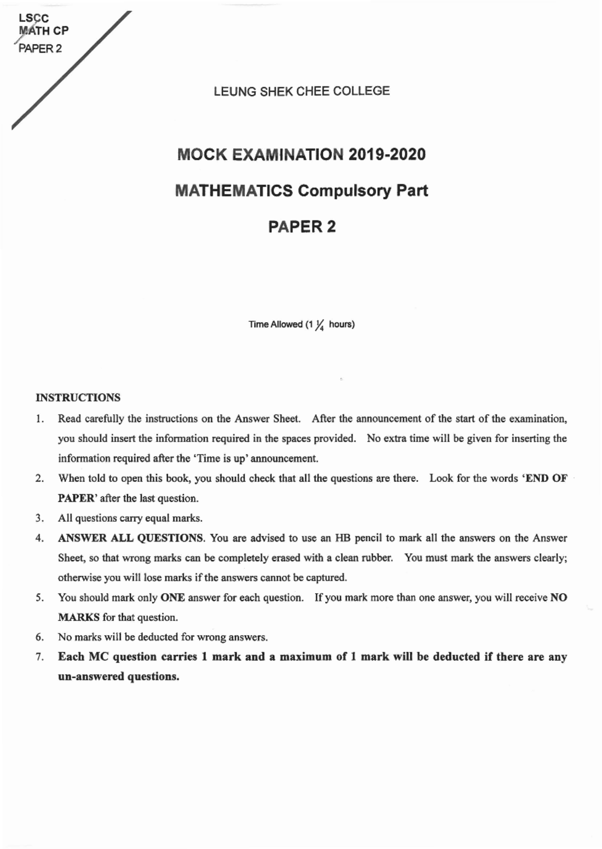 Mathematics Compulsory Part Paper 2 - LS~C /MATH CP "PAPER 2 LEUNG SHEK ...