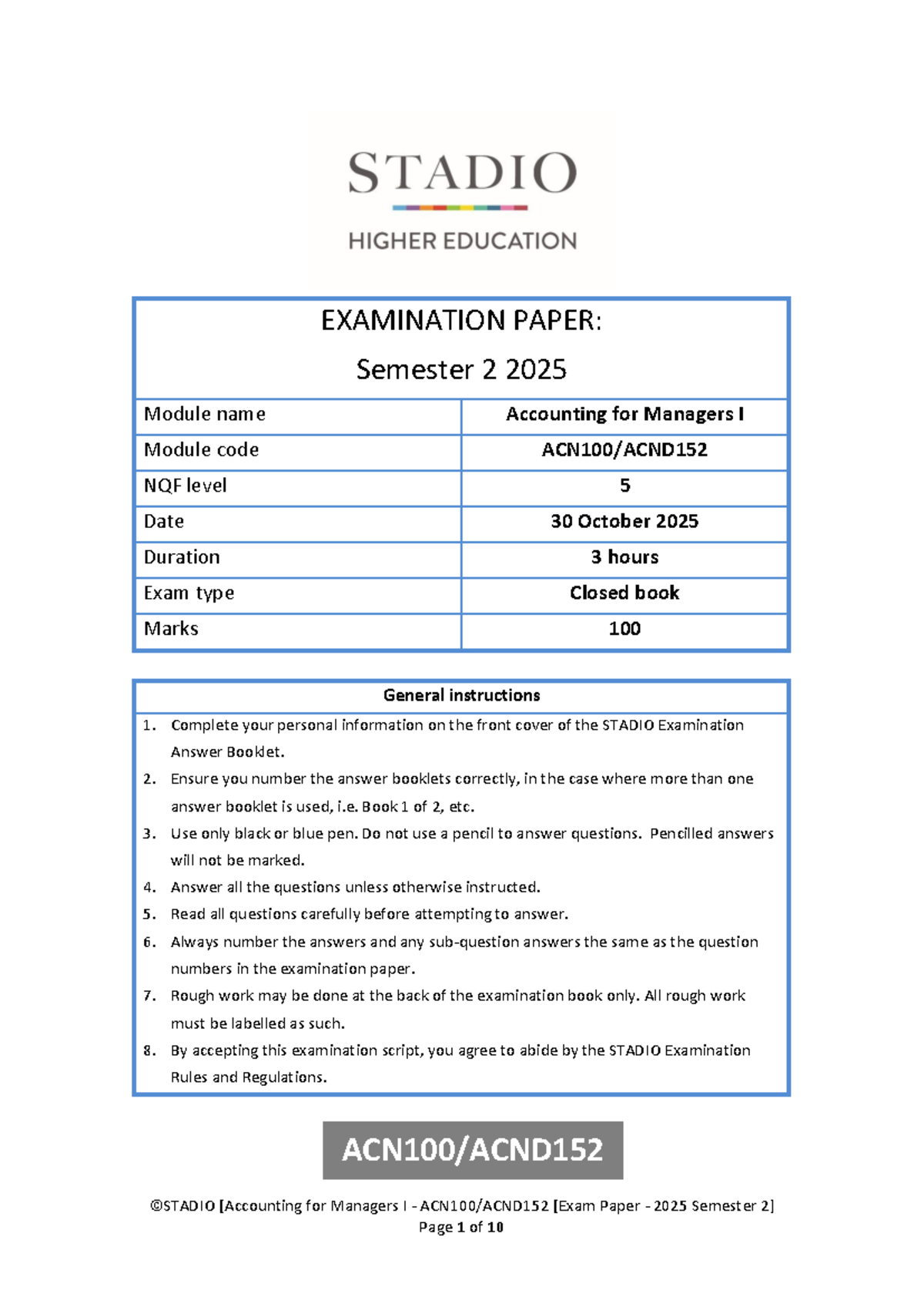 ACN100/ACND152 Final Exam Paper - 2025 Semester 2 - Studocu