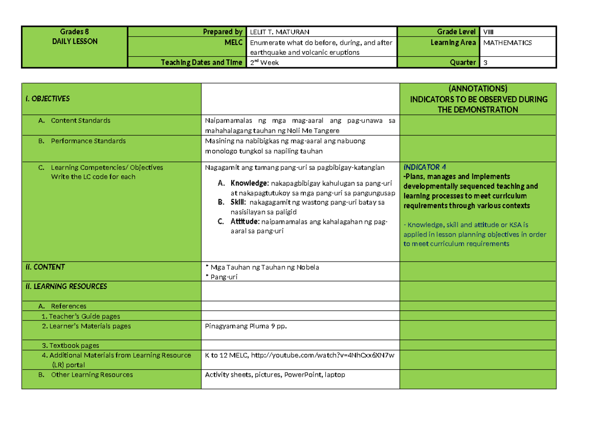 COT DLP - Lesson Plan on Pang-uri and Noli Me Tangere for Grade 8 - Studocu