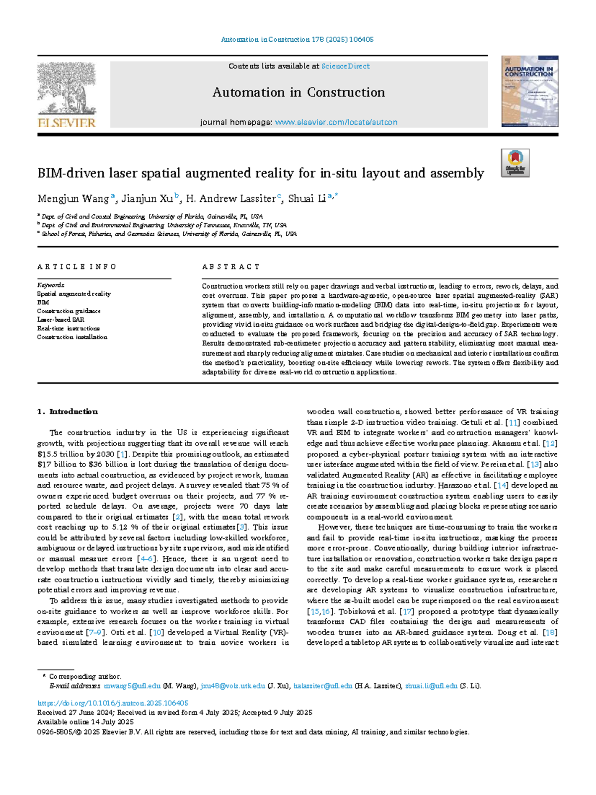 Laser Spatial Augmented Reality for Construction Guidance (CIV 178 ...