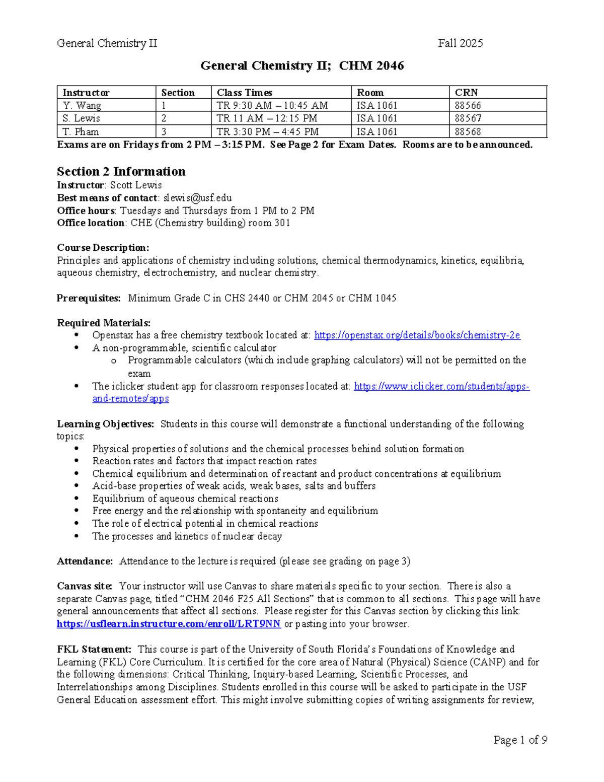 CHM 2046 Syllabus F25: General Chemistry II Section 2 Overview - Studocu
