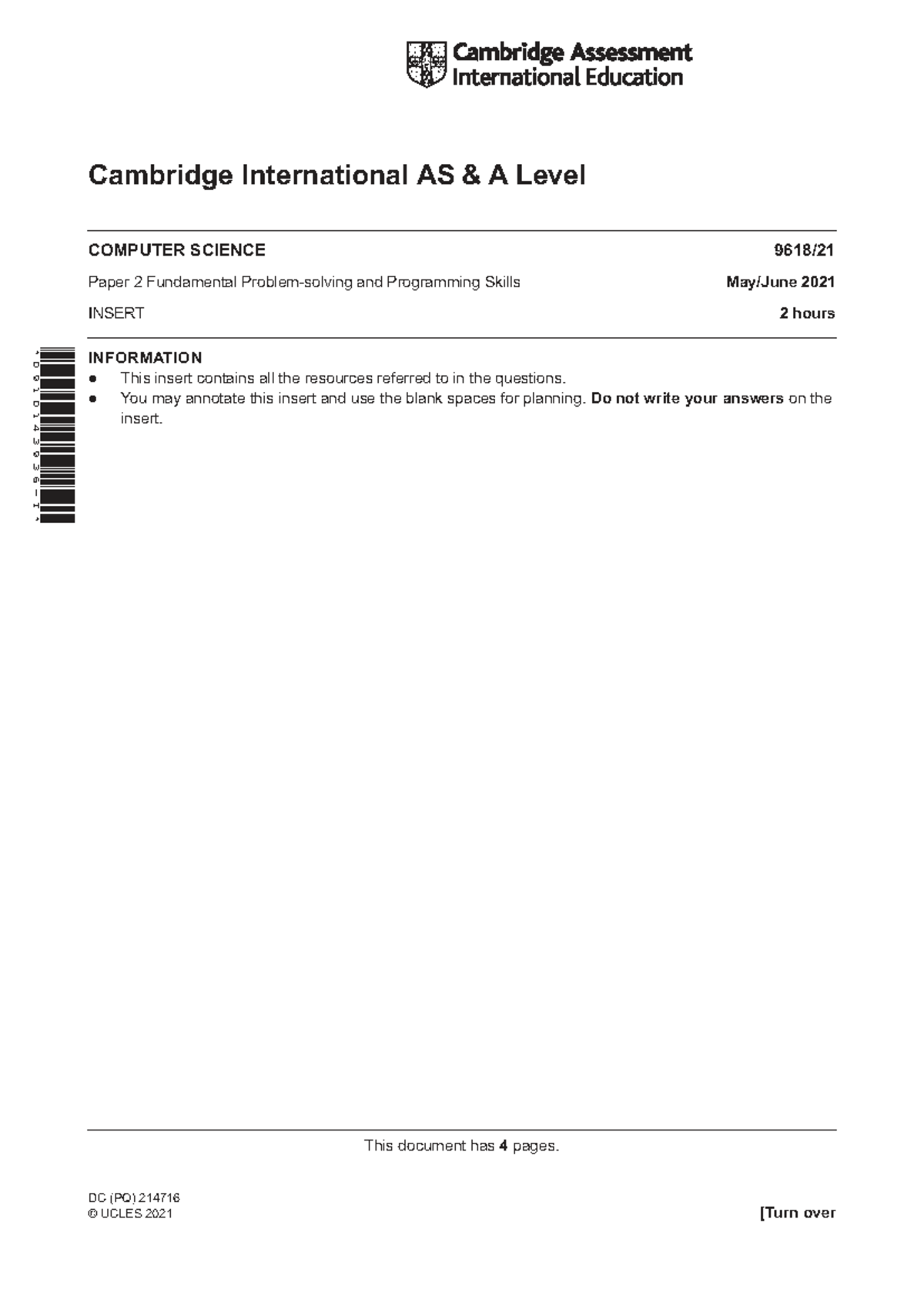 Cambridge International AS A Level Computer Science 9618 Paper 2 ...
