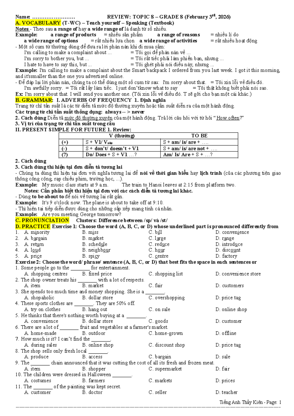 REVIEW: TOPIC 8 GRADE 8 - VOCABULARY & GRAMMAR NOTES - Studocu