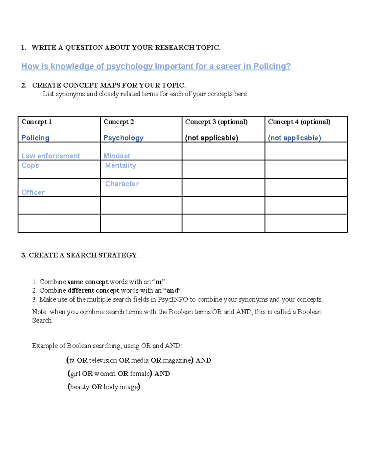 Research Concepts Worksheet with Example - 1. WRITE A QUESTION ABOUT ...