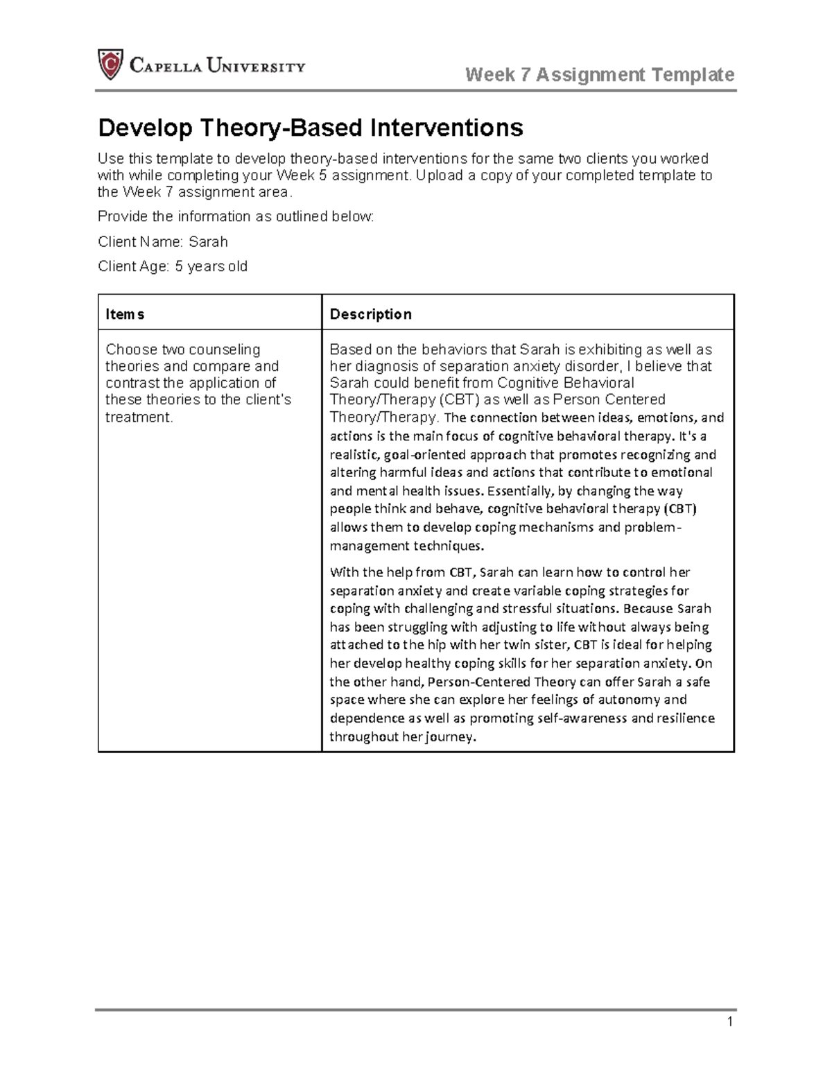 Week 7 Assignment: Developing Interventions for Client Sarah - Studocu