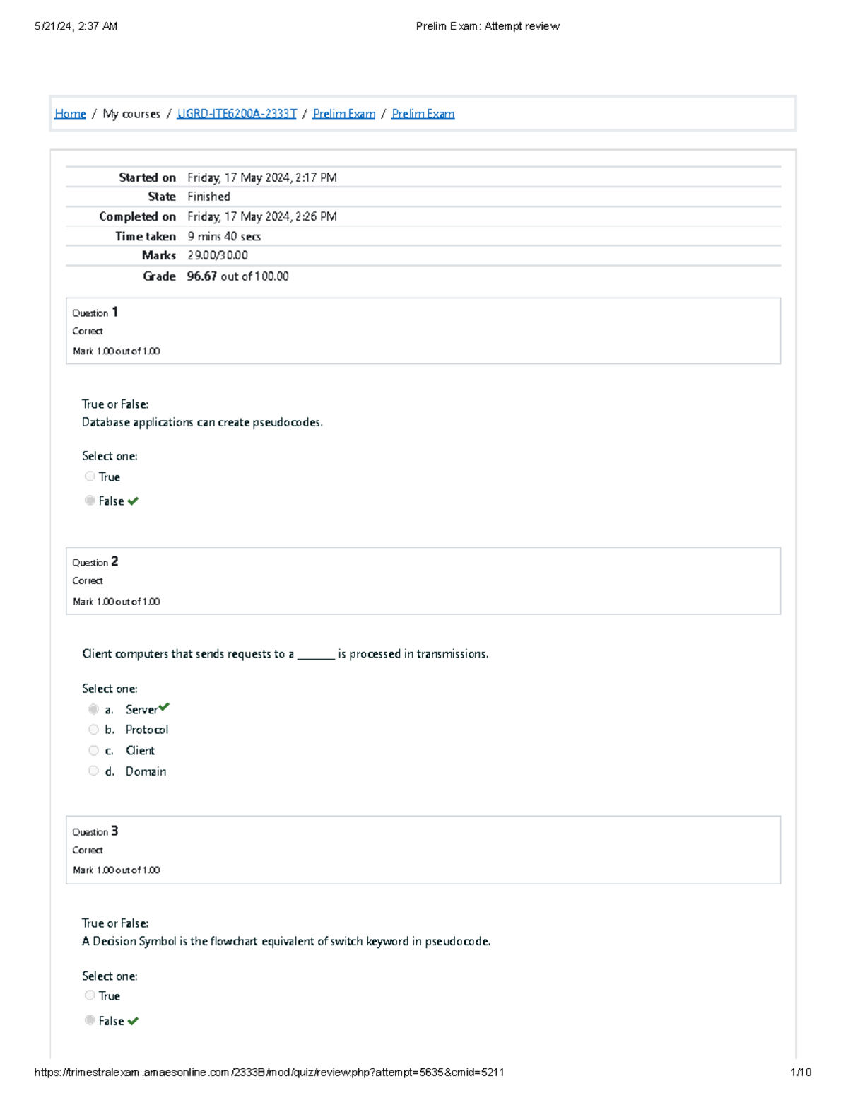 Prelim Exam Attempt review - Home / My courses / UGRD-ITE6200A-2333T ...