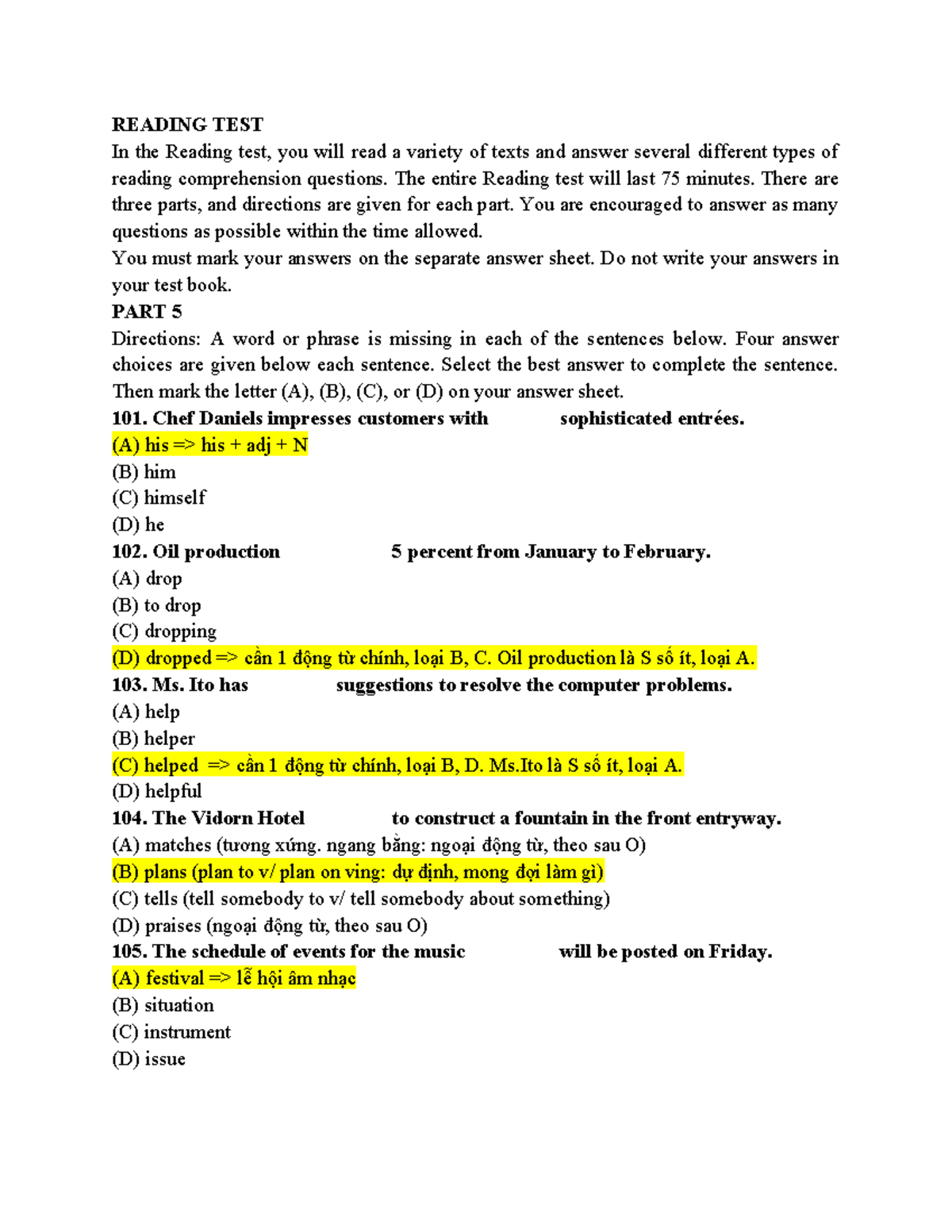 Toeic A - Final practice reading comprehension test - Studocu