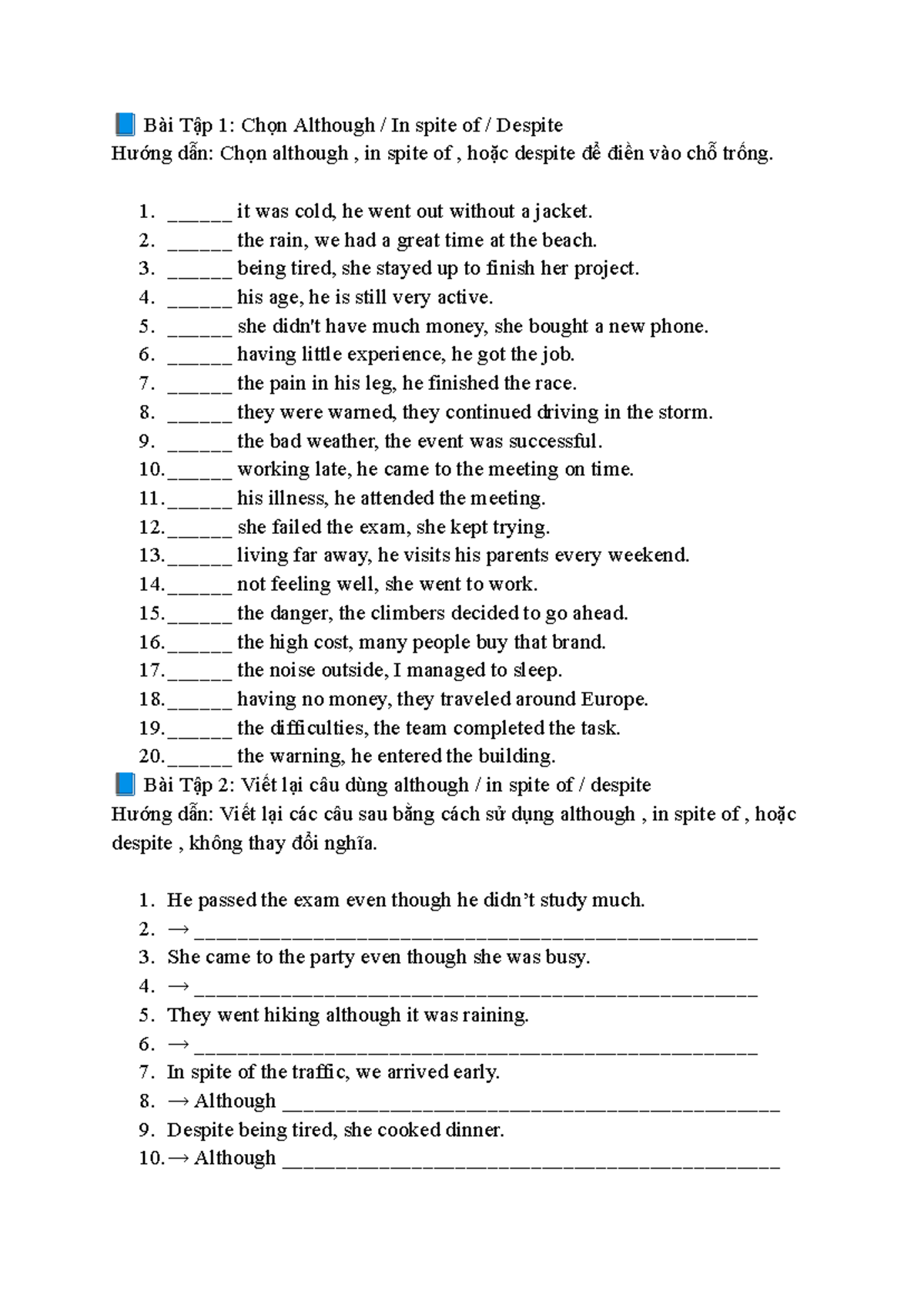Bài Tập: Sử Dụng Although, In Spite Of, và Despite - Studocu