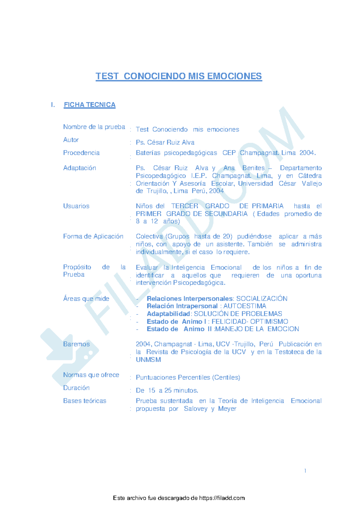 TEST CONOCIENDO MIS EMOCIONES (Ps. César Ruiz, 2004) - Document Preview
