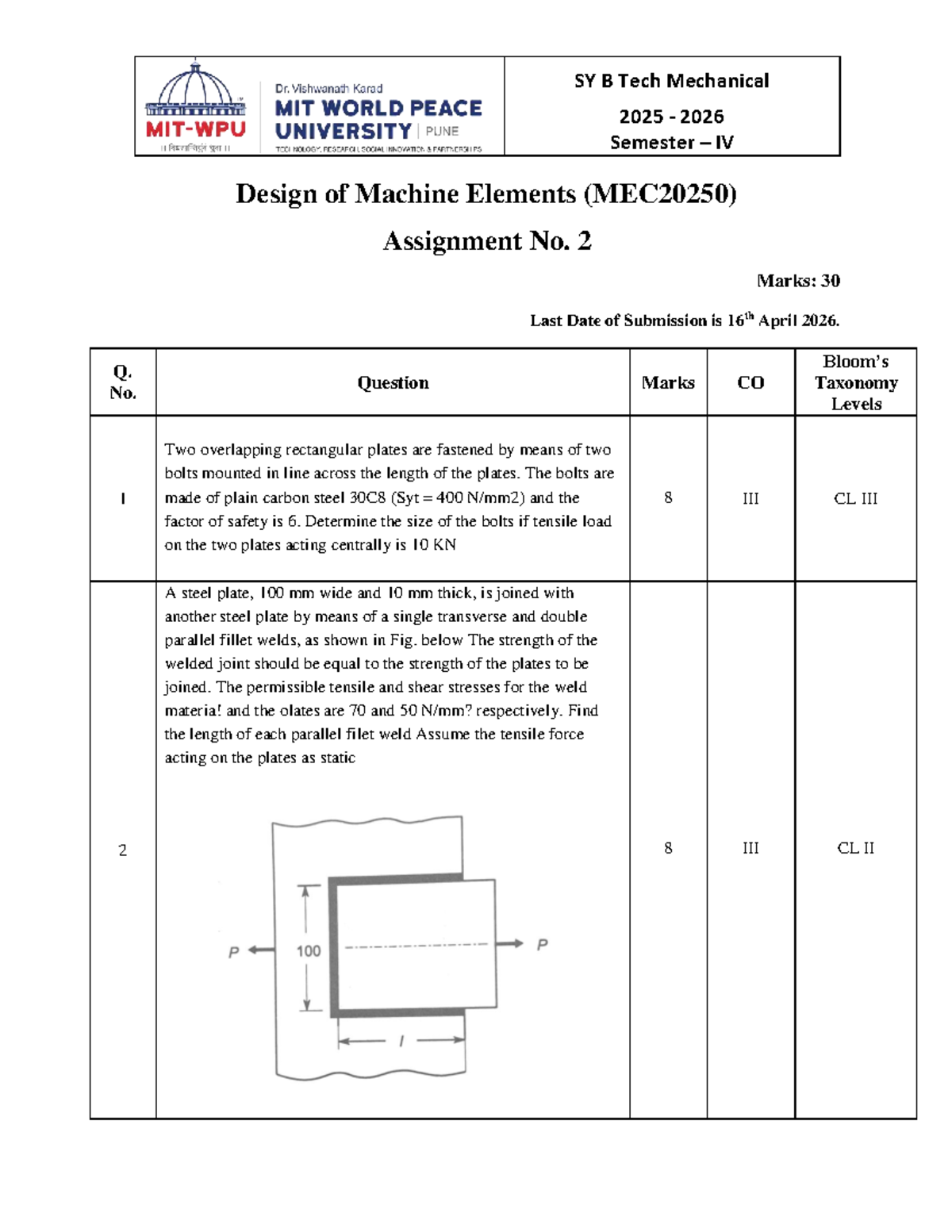 SY B Tech Mechanical 2025-2026 Sem IV DME Assignment 2 (MEC20250) - Studocu