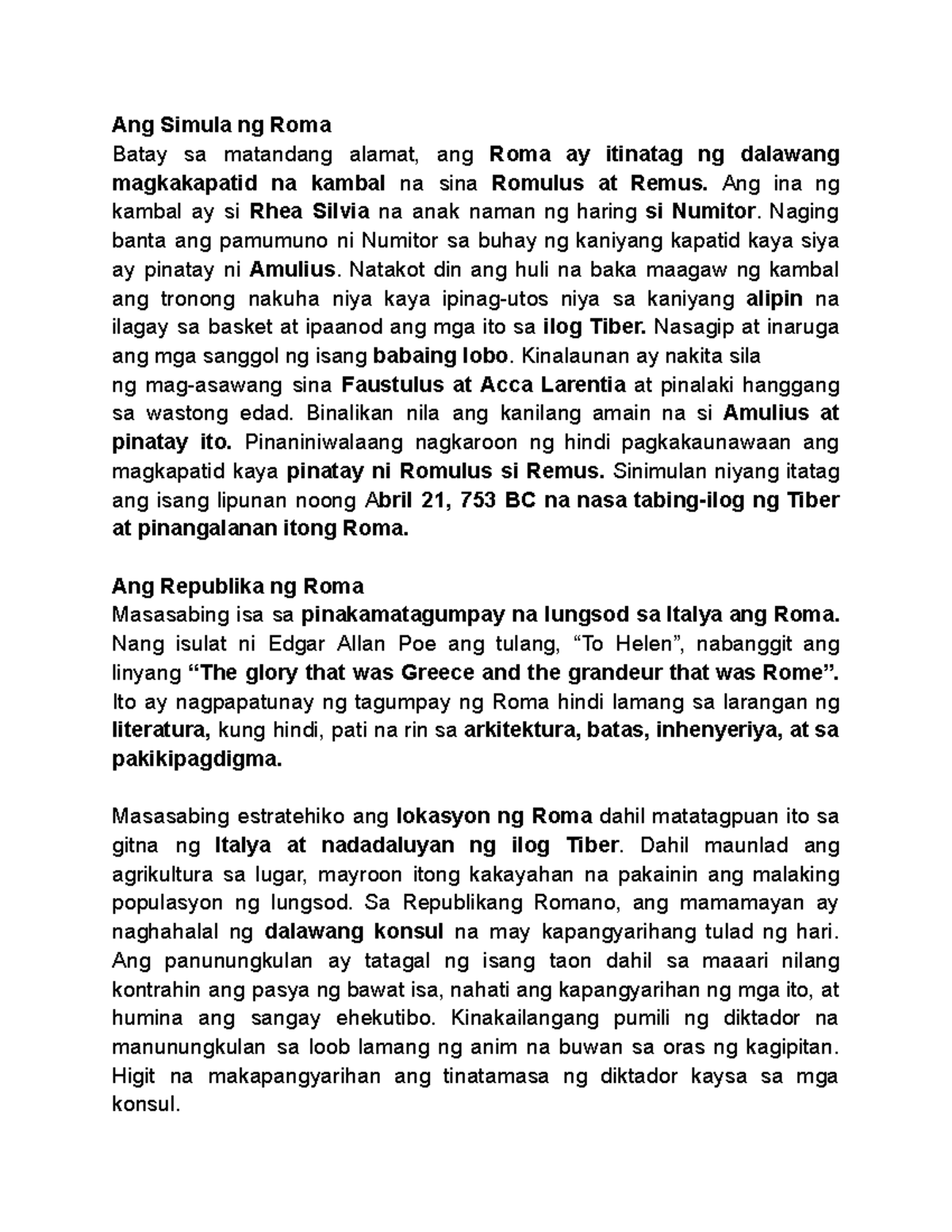 Kabihasnang- Klasiko-NG-ROME - Ang Simula ng Roma Batay sa matandang ...
