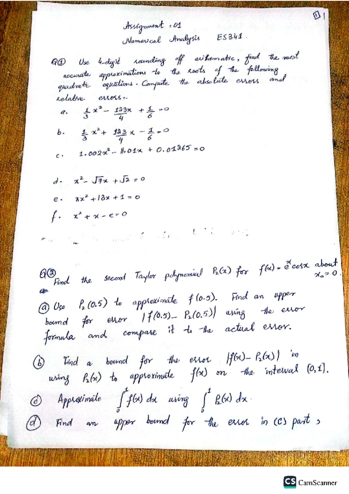 Assignment 01: Numerical Analysis & Taylor Polynomials ES341 - Studocu