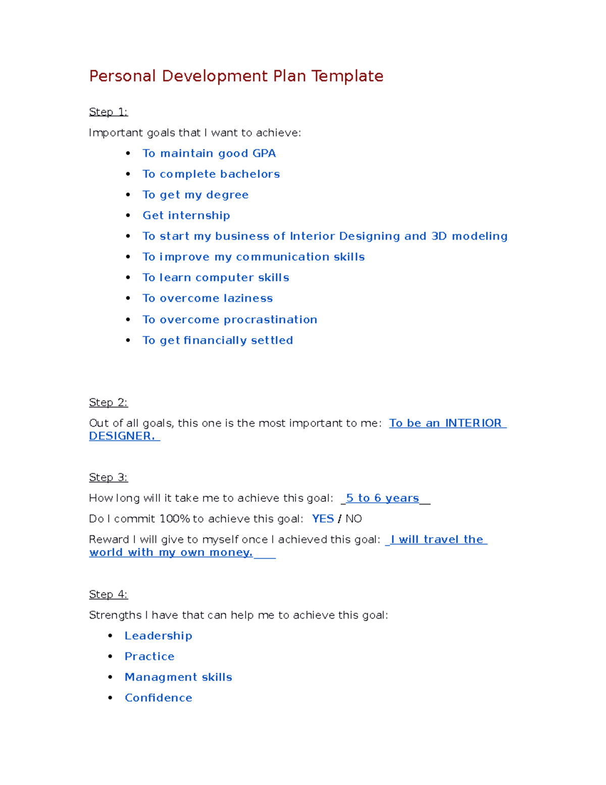 Personal Development Plan Template for Aspiring Interior Designer - Studocu