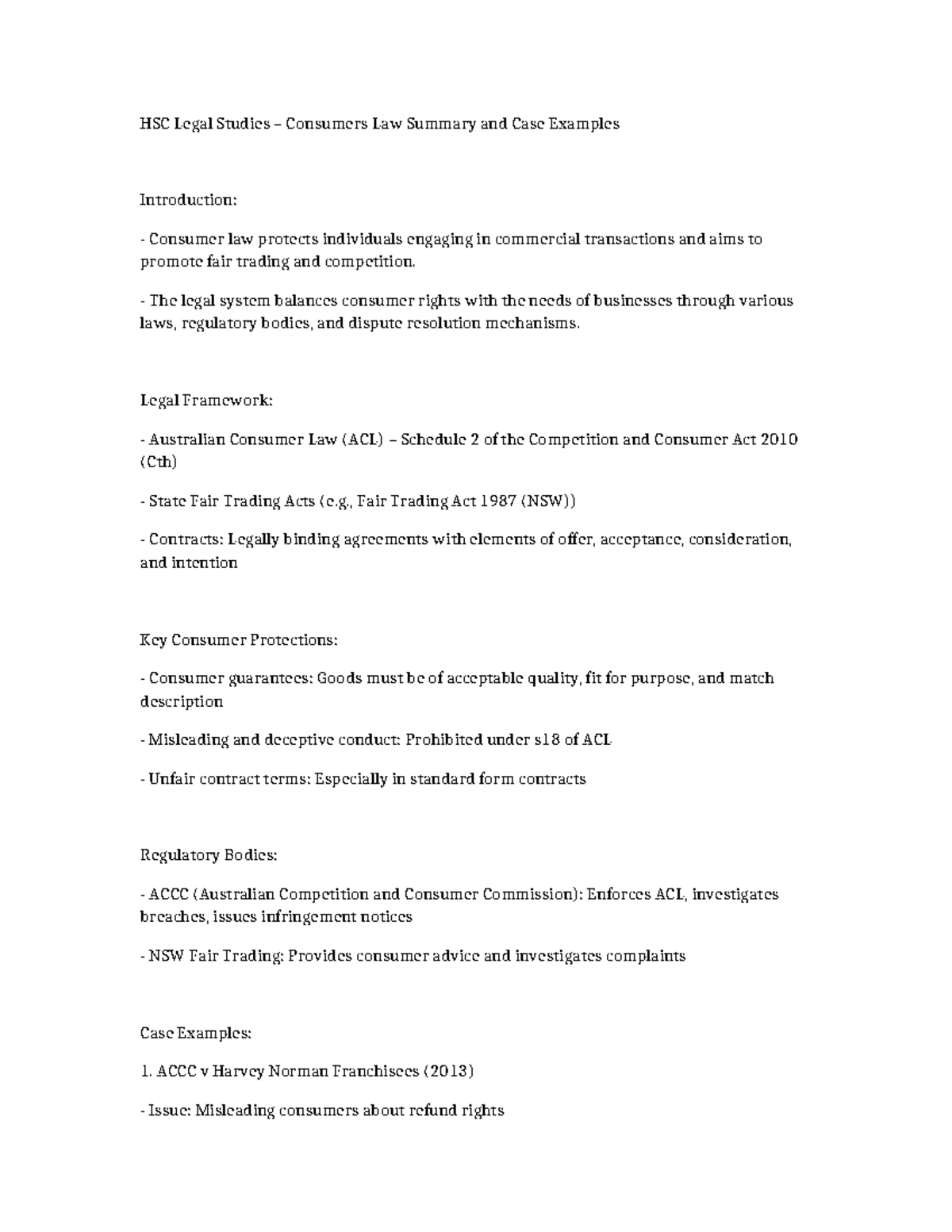 HSC Legal Studies: Consumers Law Summary & Case Examples - Studocu