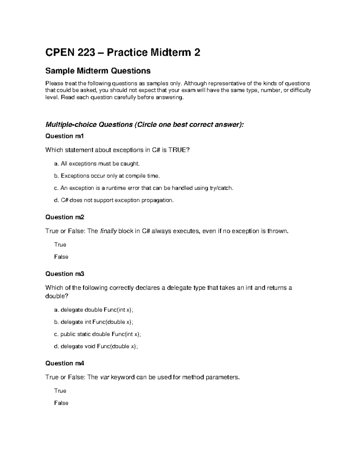 CPEN 223 Practice Midterm 2 Sample Questions and Answers - Studocu