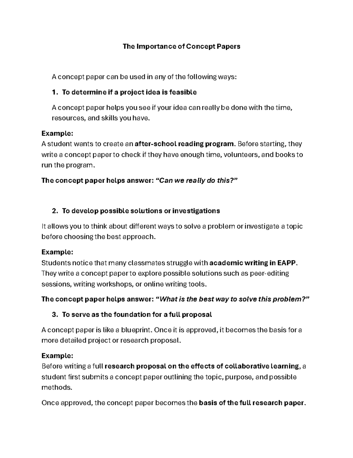 The Role of Concept Papers in Project Development - Studocu