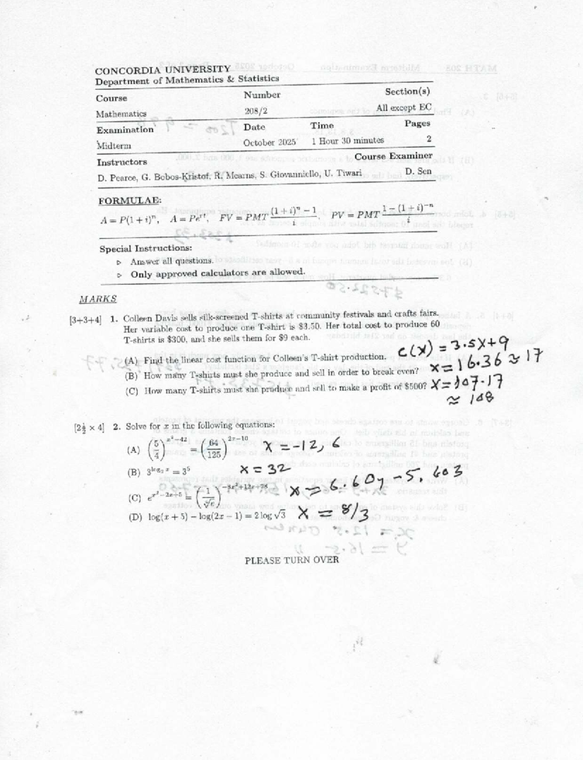 MATH 208 Midterm Examination Study Guide - October 2025 - Studocu