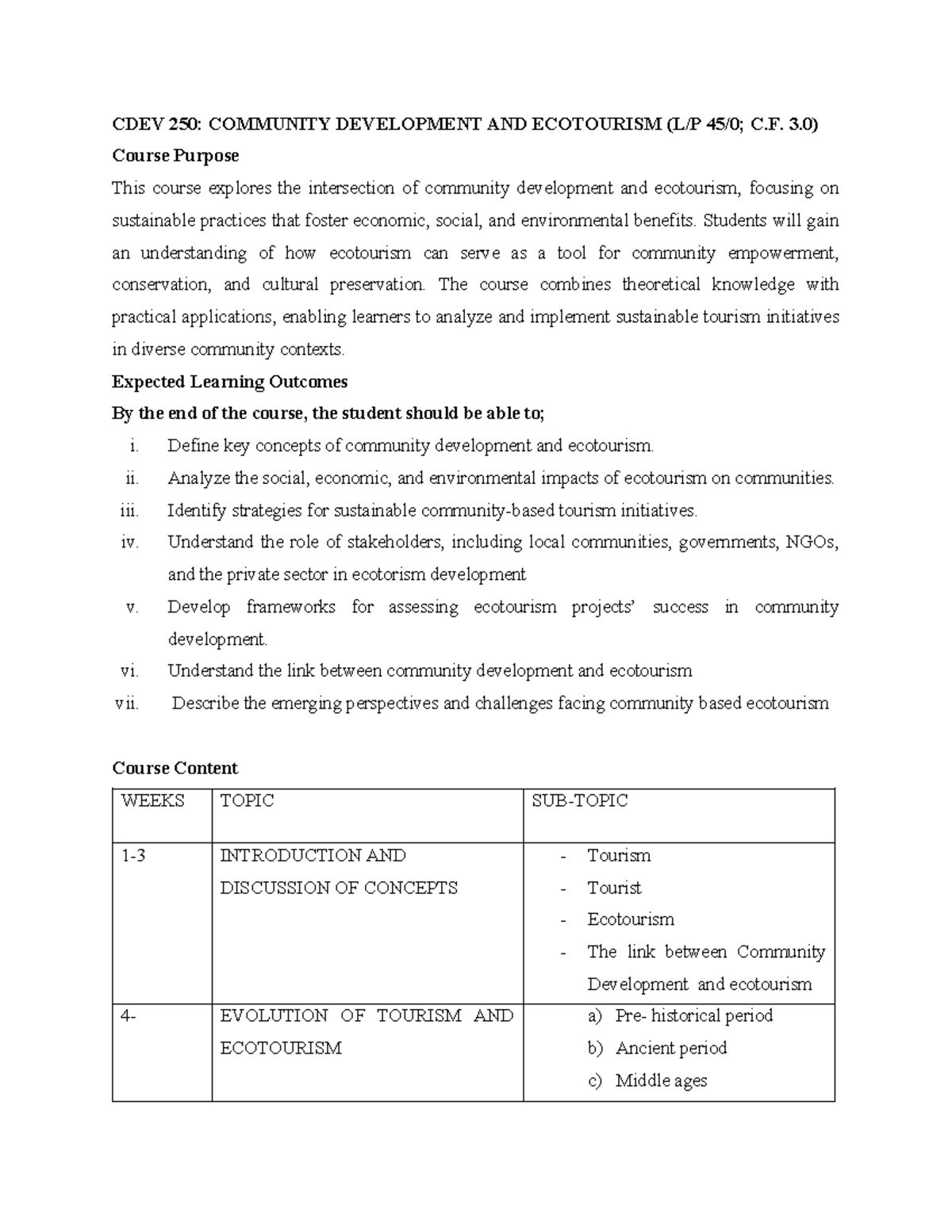 CDEV 250-C: Community Development & Ecotourism Course Overview - Studocu