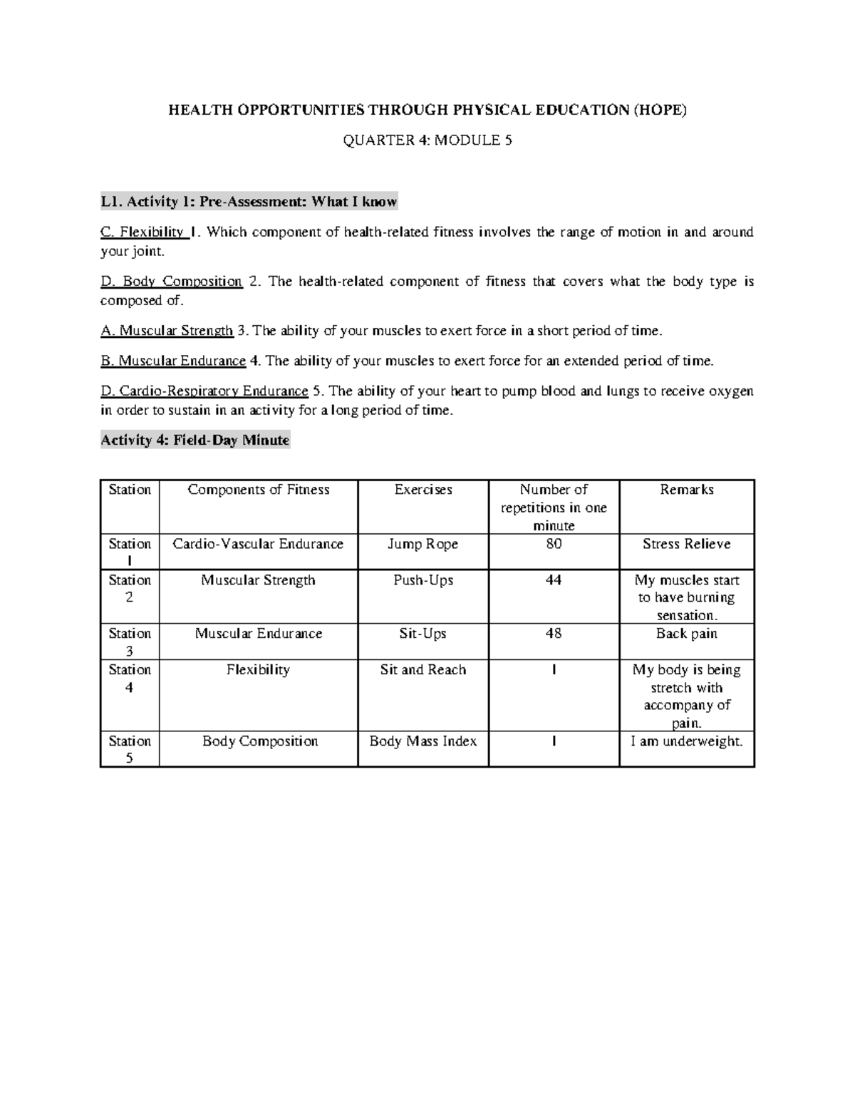 HOPE Q4: Physical Education Health Opportunities Module 5 & 6 Notes ...