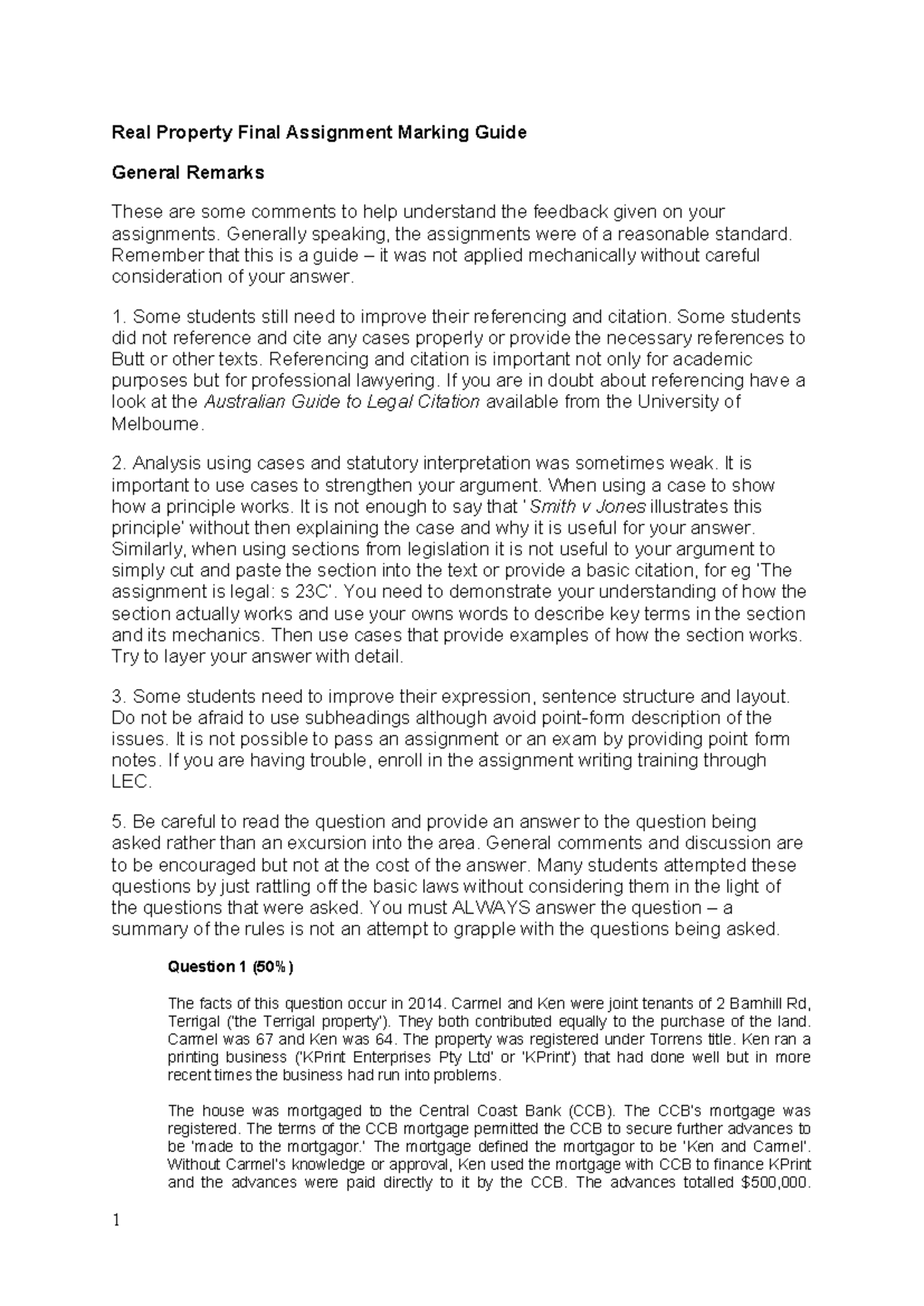 Real Property (LAW123) Final Assignment Marking Guide & Feedback - Studocu
