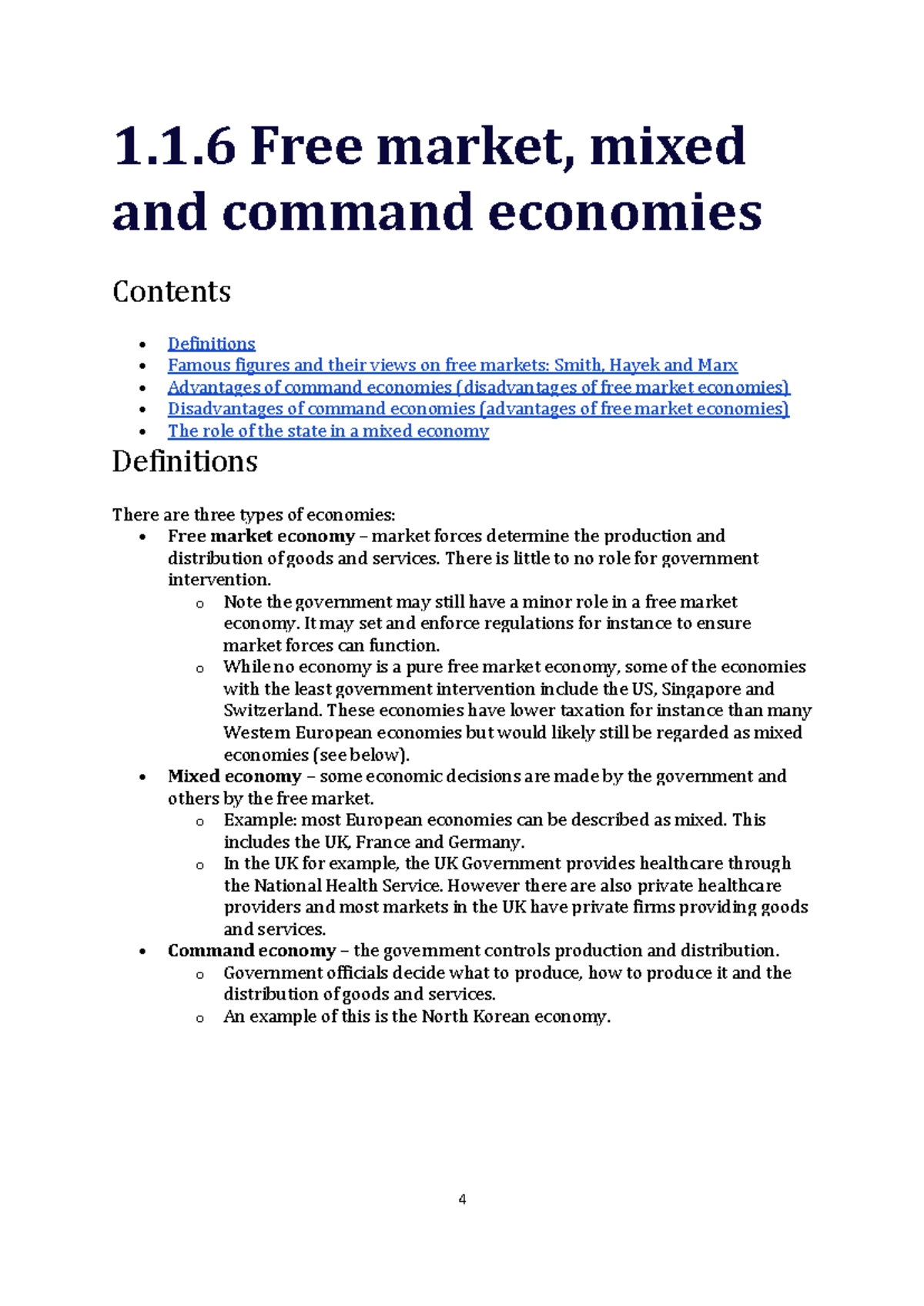 Economics Thinkers Notes: Free Market, Mixed & Command Economies - Studocu