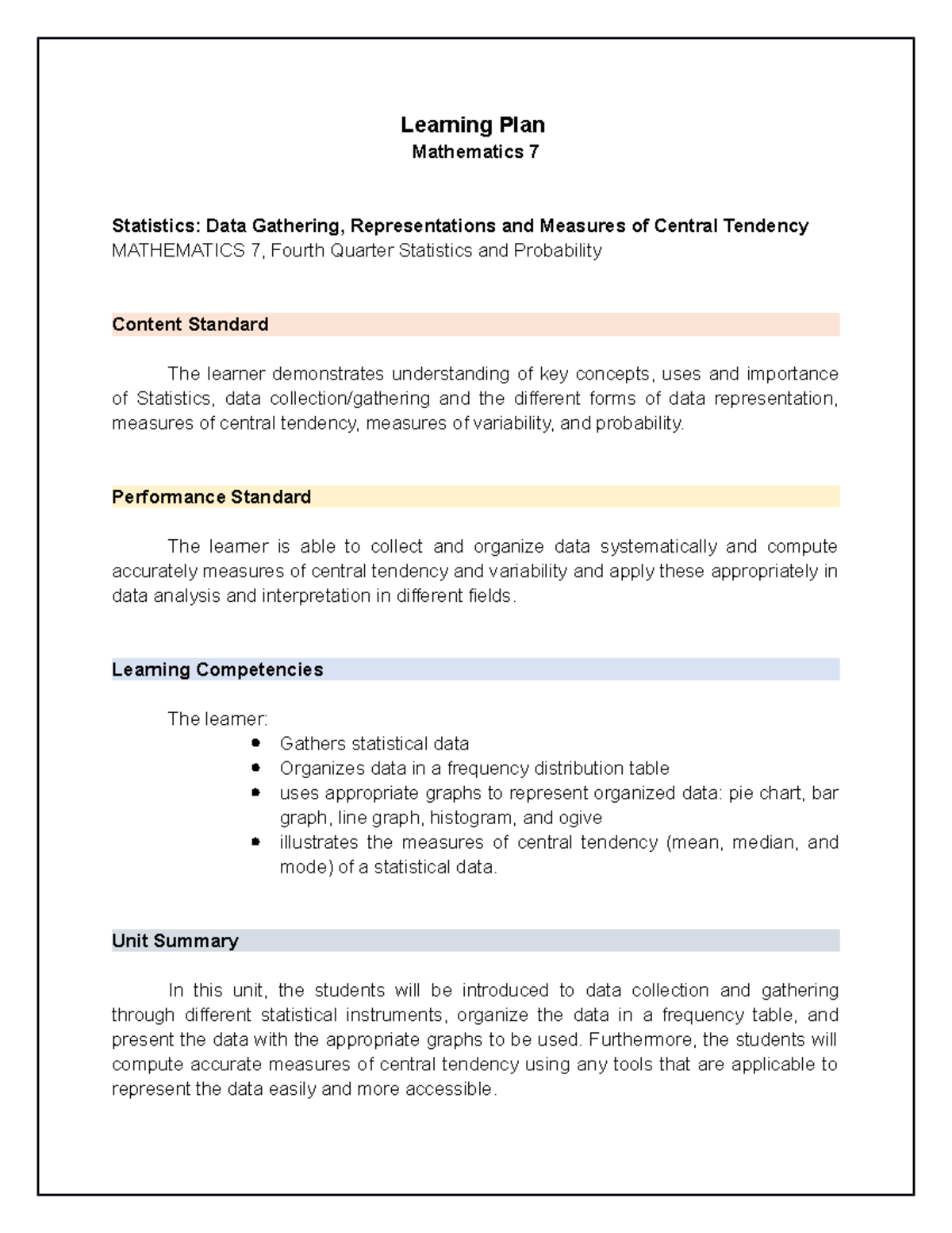 Mathematics 7 Learning Plan: Statistics & Data Representation - Studocu