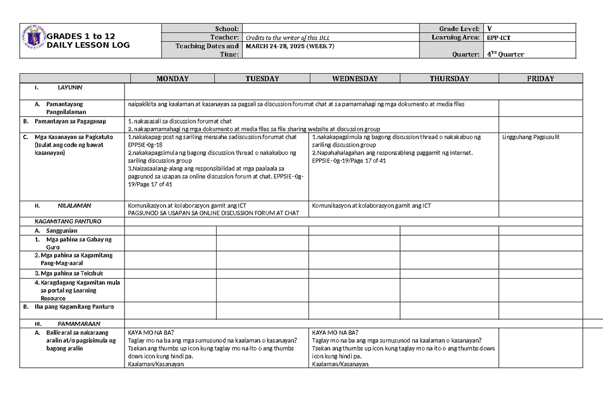 Grade 5 DLL EPP 5 Q4 Week 7: Daily Lesson Log Overview - Studocu