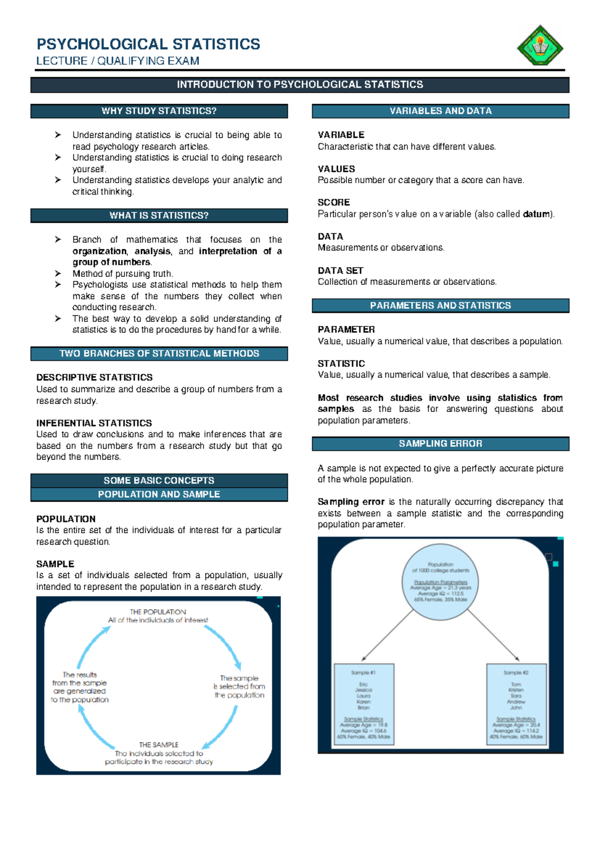 PSY 101: Qualifying Exam Review on Psychological Statistics - Studocu