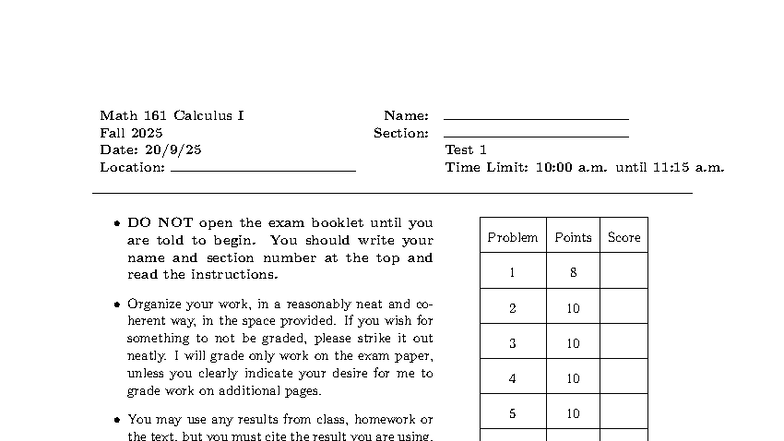 Math 161 Calculus I Test 1 - Fall 2025 Exam Document - Studocu