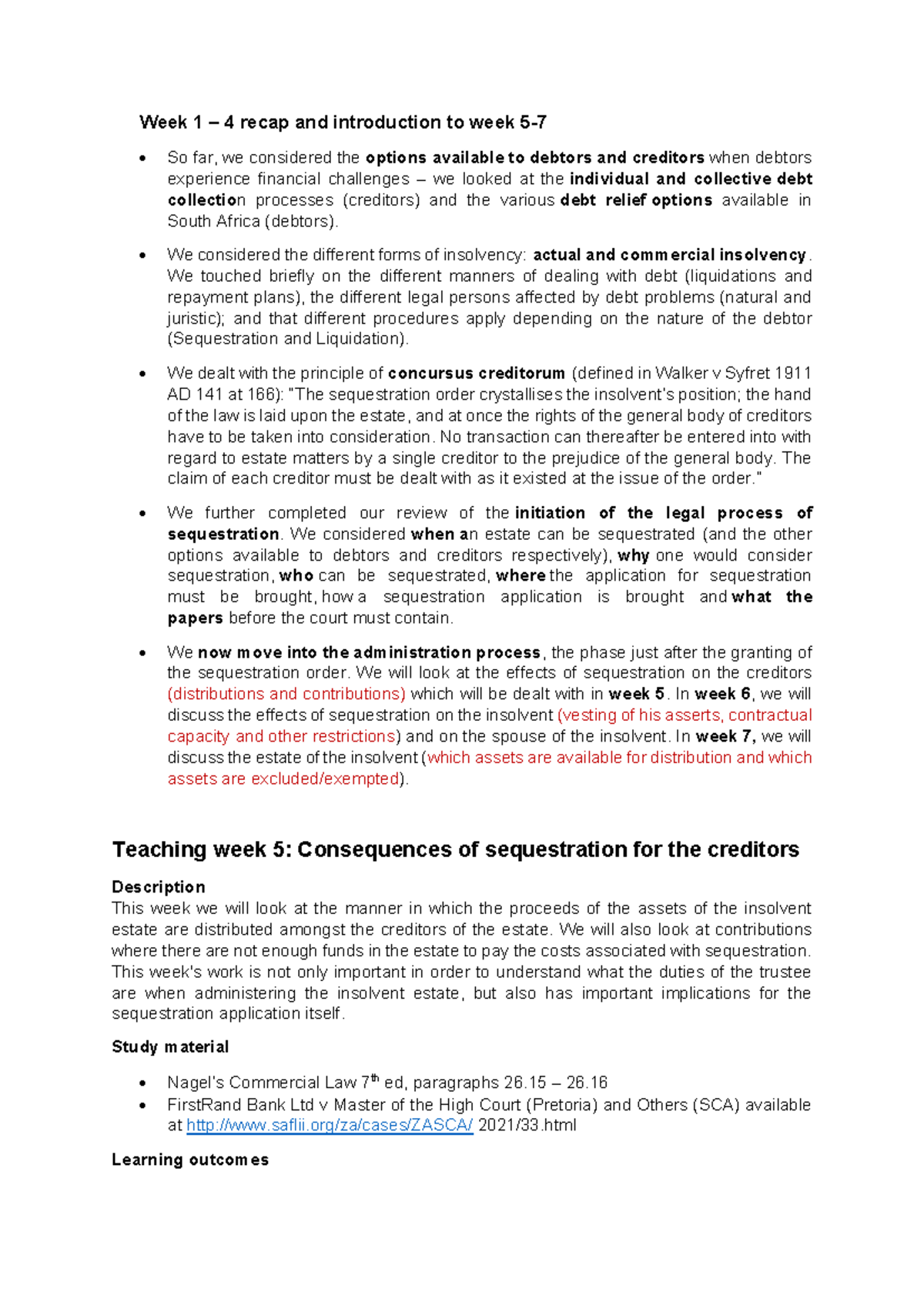 Teaching Plan: Week 5 - Consequences of Sequestration for Creditors (CL ...