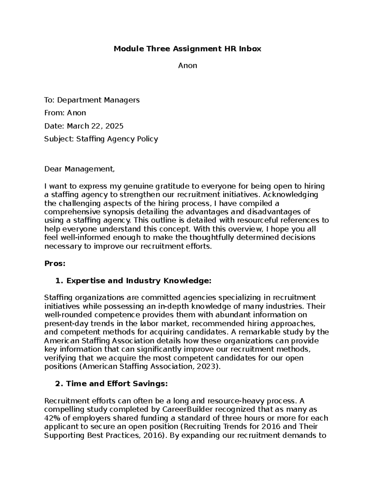Module 3 Assignment: Staffing Agency Policy Overview for HR Managers ...