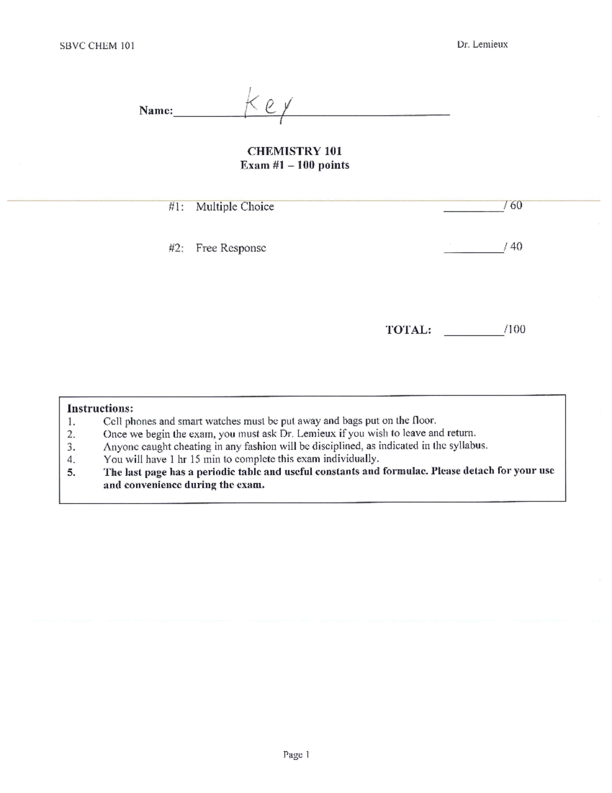 CHEM 101 Exam 1 Study Guide Key - Spring 2019 - Studocu