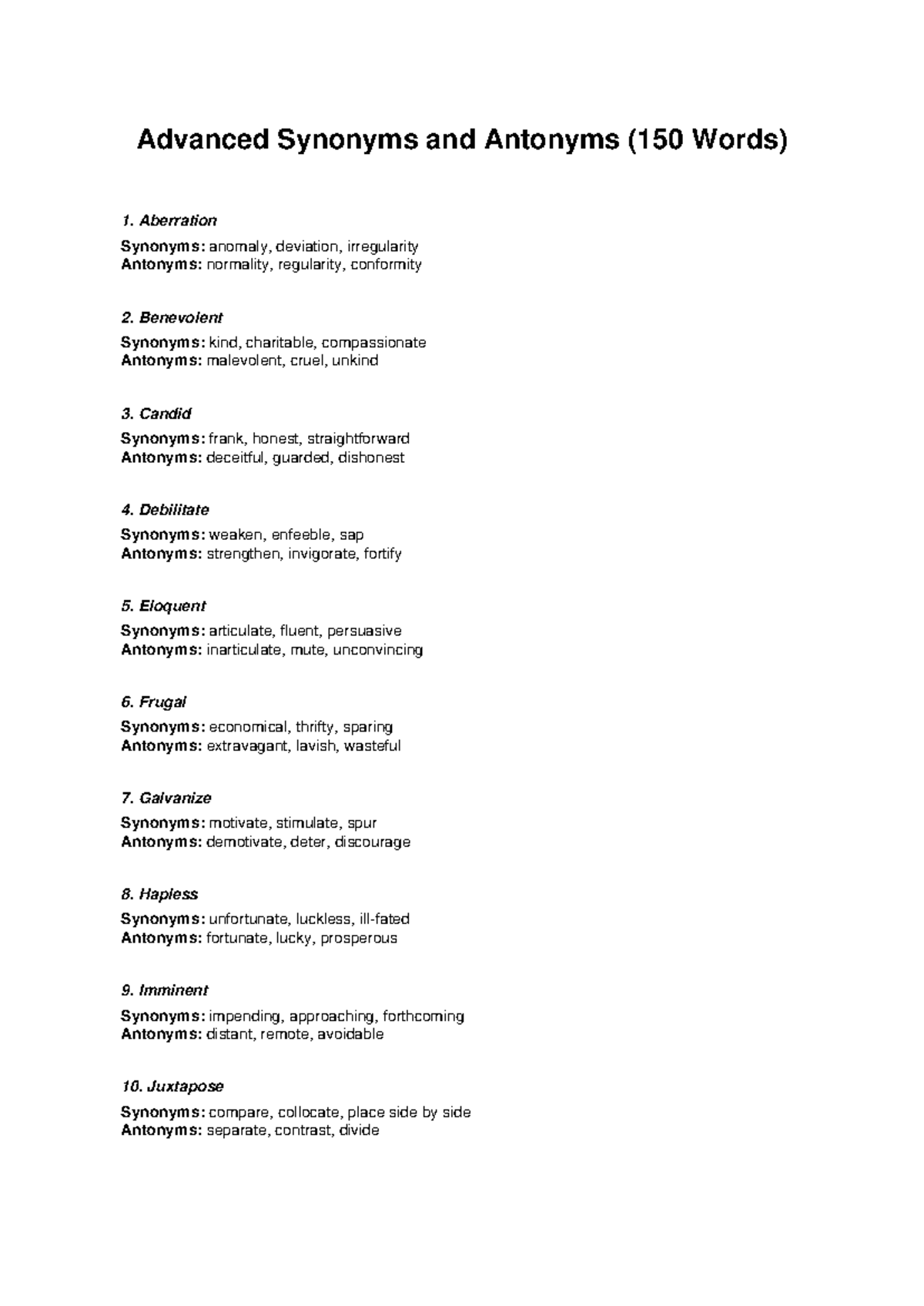 Advanced Synonyms and Antonyms Study Guide (ENG 101) - Studocu