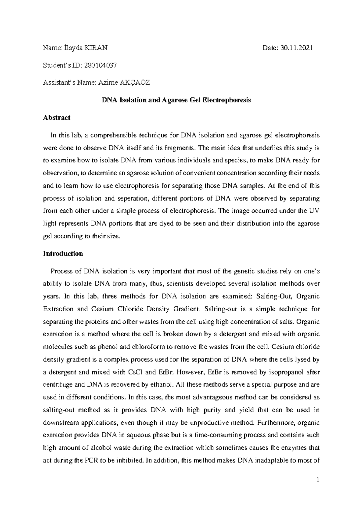 Lab Report: Experiment 6 - DNA Isolation & Agarose Gel Electrophoresis ...