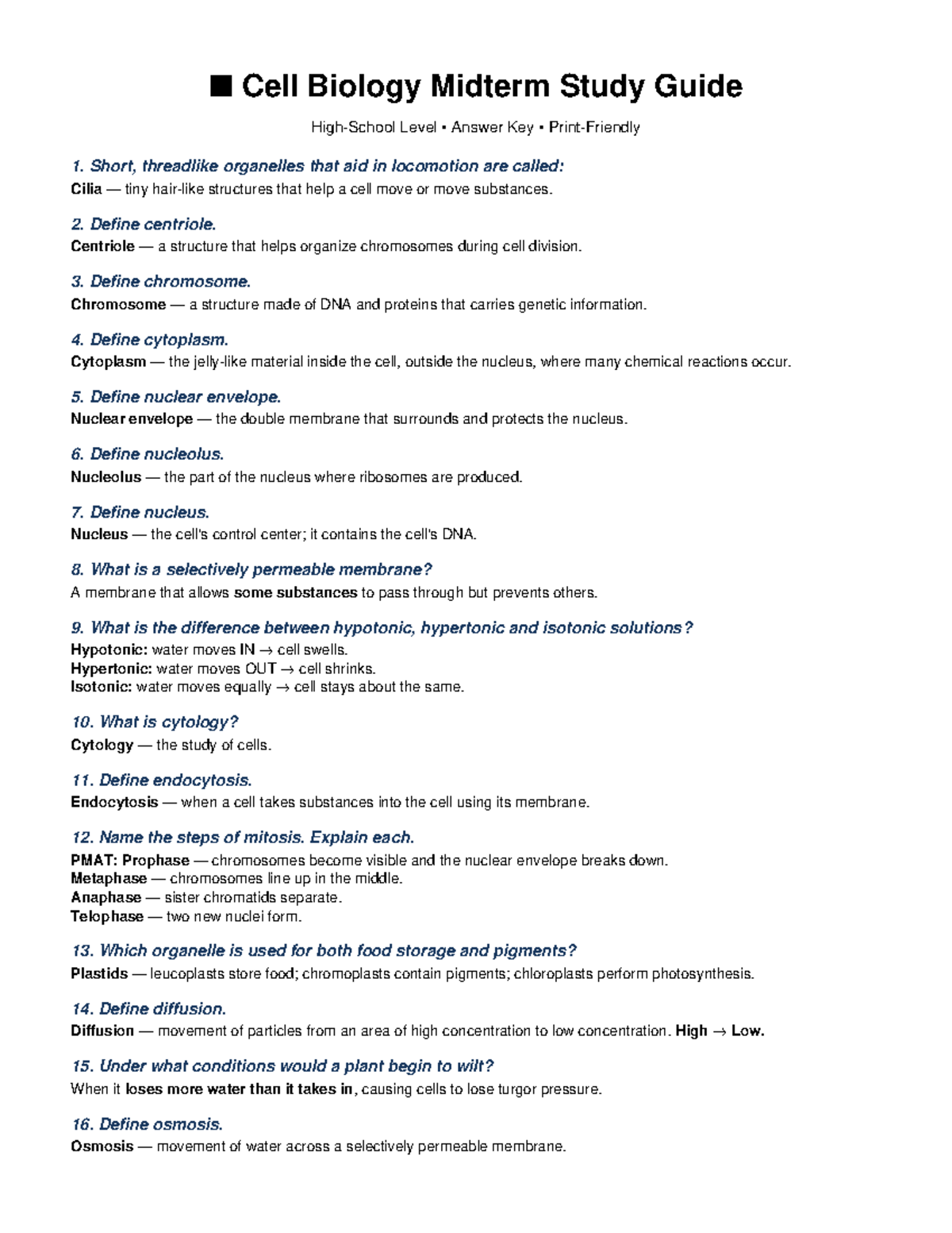 Cell Biology Midterm Study Guide Answer Key - Studocu