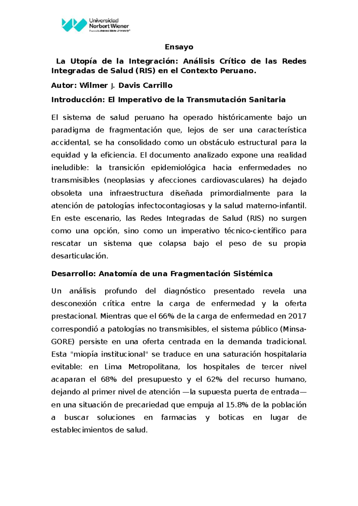 Ensayo: Análisis Crítico de las Redes Integradas de Salud (RIS) en Perú ...