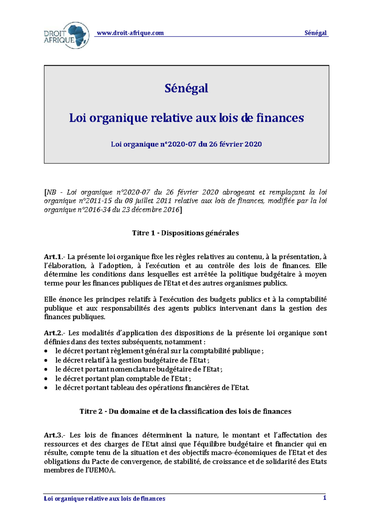 Loi Organique Relative aux Finances 2020 - Sénégal (LOLF 2020) - Studocu