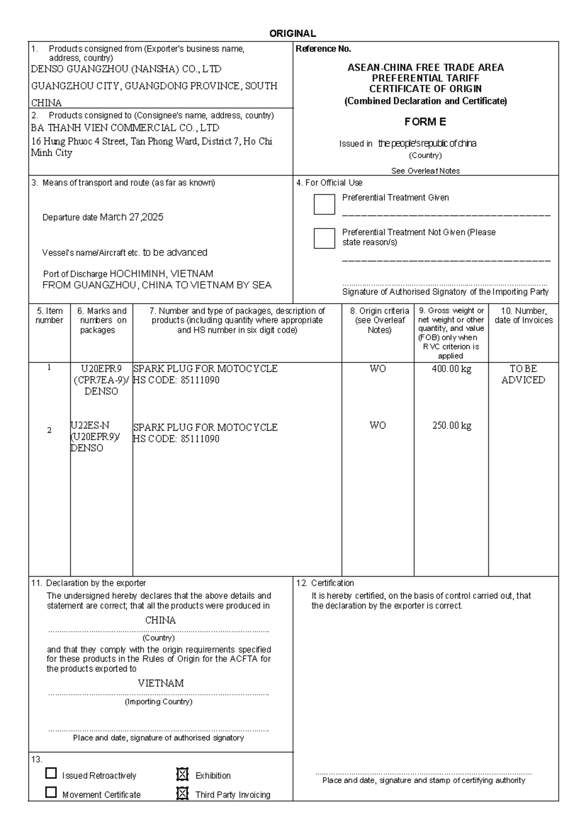 Form E: Preferential Tariff Certificate of Origin for Denso Products ...